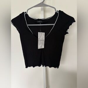 Callipygian Black Modal Smocked Crop Top Cap Sleeve Ruffle Hem XS